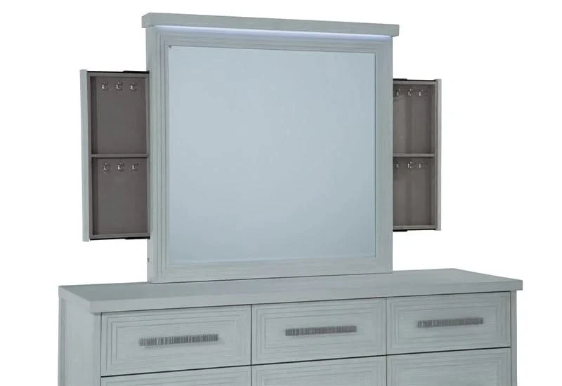 Infinity White Contemporary Mirror with LED Lighting and Hidden Jewelry Compartment