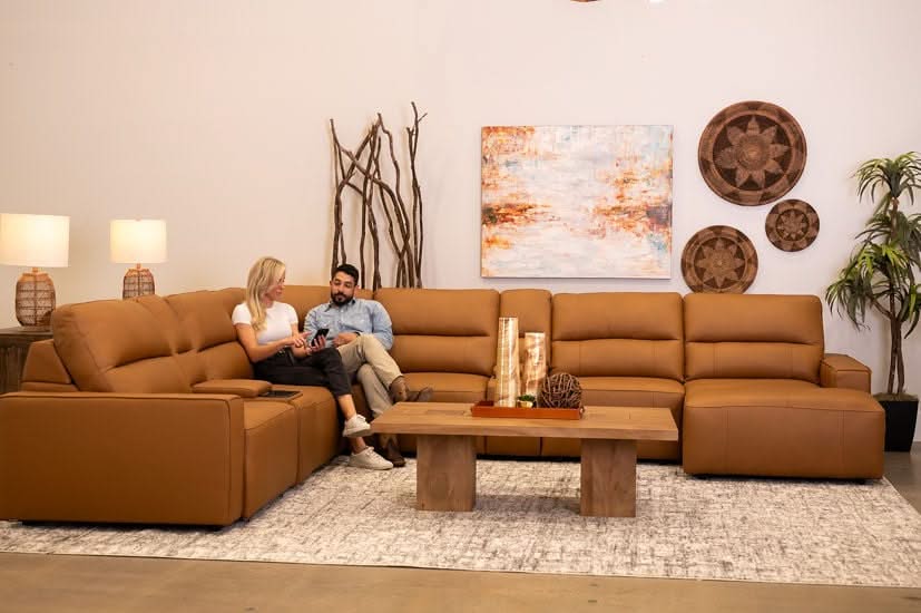 Iona Saddle Leather 8 PC Modular Slider Sectional with Chaise and 2 Storage Consoles - Image 10