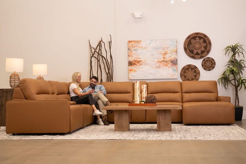 Iona Saddle Leather 8 PC Modular Slider Sectional with Chaise and 2 Storage Consoles - Image 11