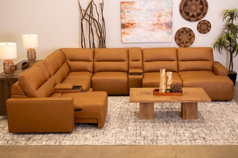 Iona Saddle Leather 8 PC Modular Slider Sectional with Chaise and 2 Storage Consoles - Image 16