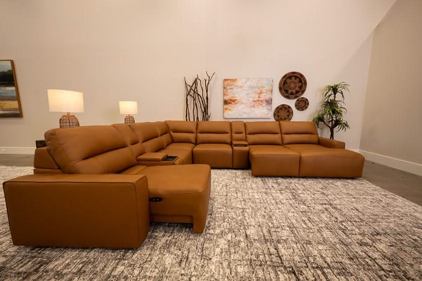Iona Saddle Leather 8 PC Modular Slider Sectional with Chaise and 2 Storage Consoles - Image 3