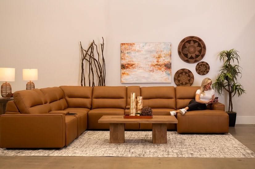 Iona Saddle Leather 8 PC Modular Slider Sectional with Chaise and 2 Storage Consoles - Image 5