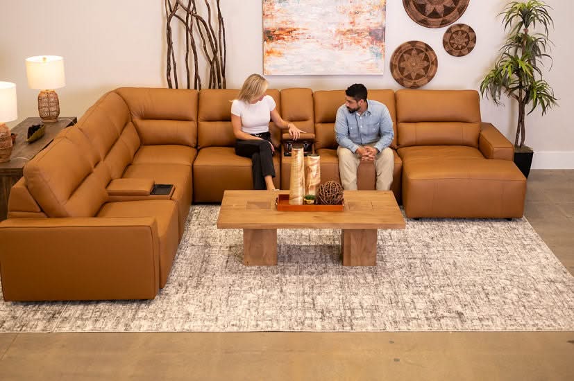 Iona Saddle Leather 8 PC Modular Slider Sectional with Chaise and 2 Storage Consoles - Image 6