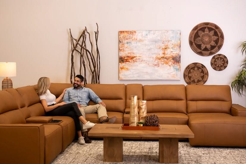Iona Saddle Leather 8 PC Modular Slider Sectional with Chaise and 2 Storage Consoles - Image 8