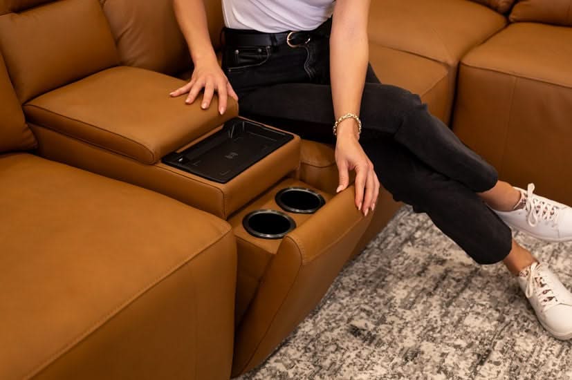 Iona Saddle Leather 8 PC Modular Slider Sectional with Chaise and 2 Storage Consoles - Image 9