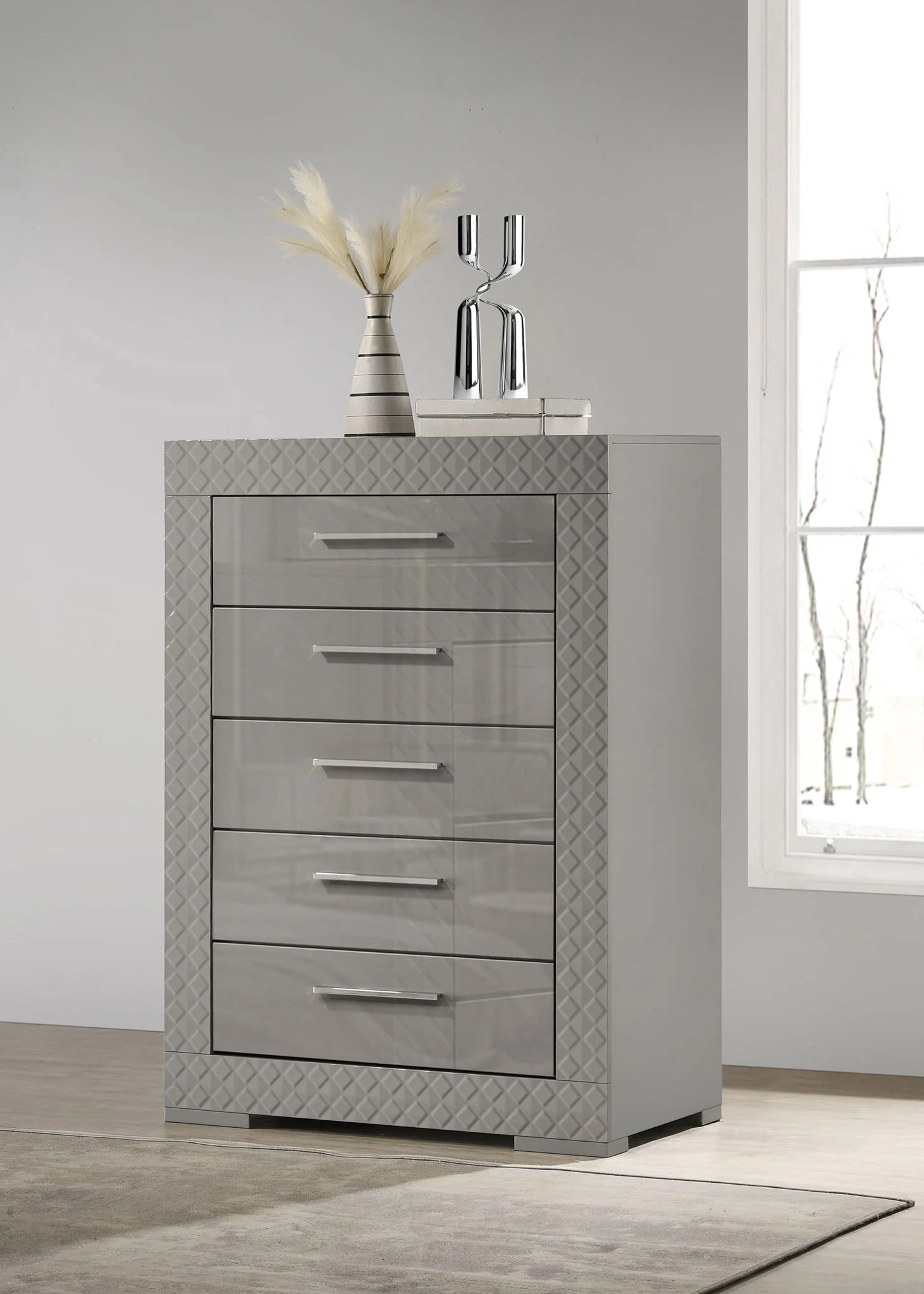 Ives 5-drawer Bedroom Chest of Drawers Grey High Gloss - Image 4