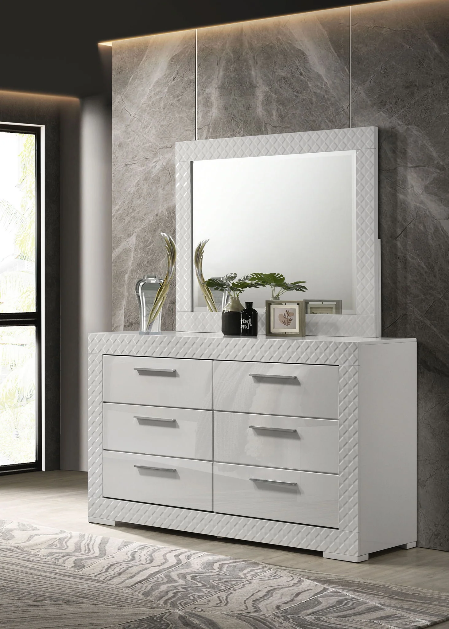 Ives 6-drawer Dresser and Mirror White High Gloss - Image 3