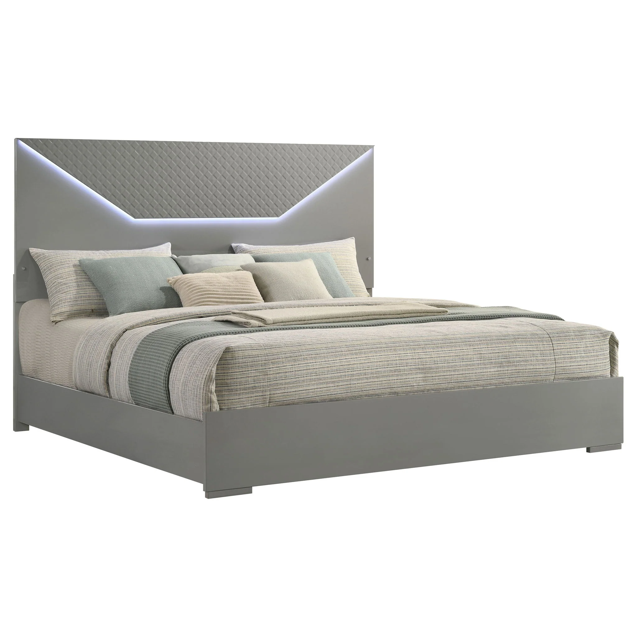 Ives Eastern King Panel Bed LED Headboard Grey High Gloss - Image 4