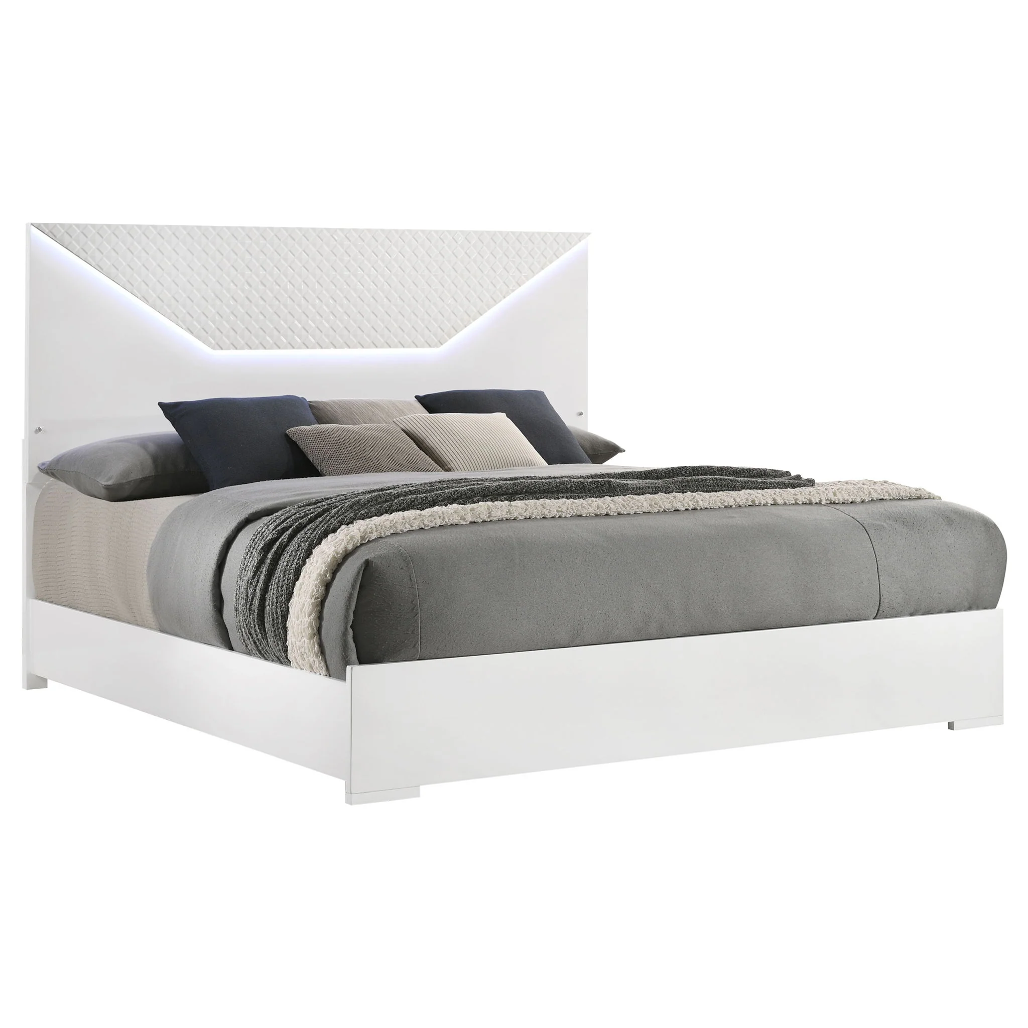 Ives Eastern King Panel Bed LED Headboard White High Gloss - Image 4