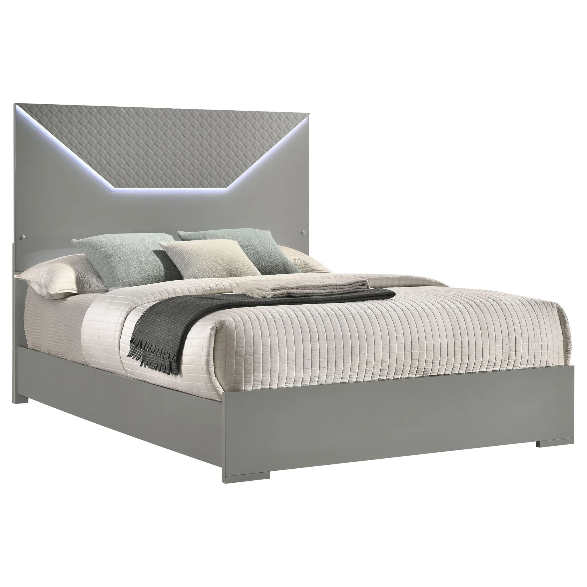 Ives Queen Panel Bed LED Headboard Grey High Gloss - Image 3