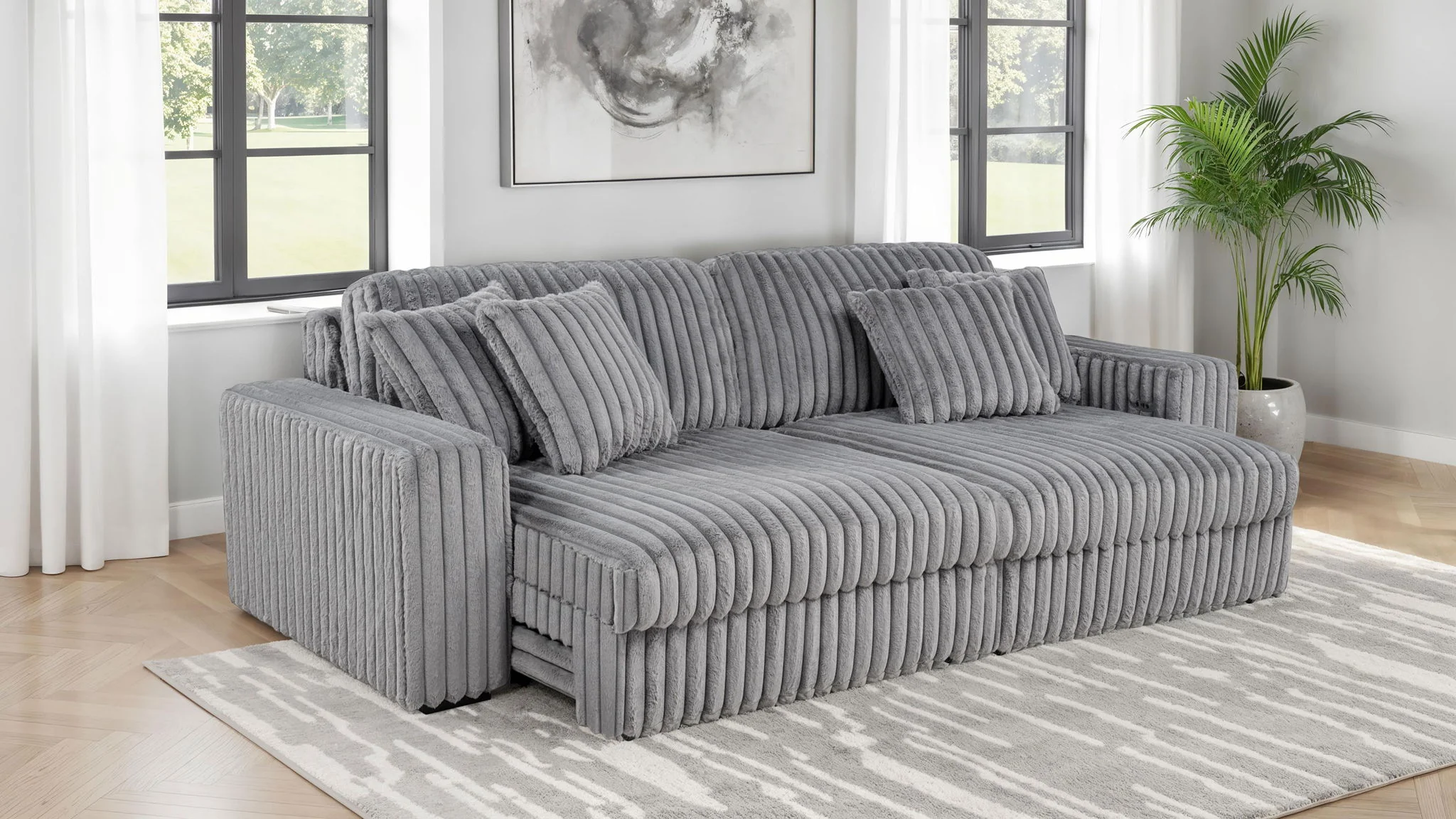 Jacana Corduroy Upholstered Dual Power Chaise Sofa Grey - Image 2