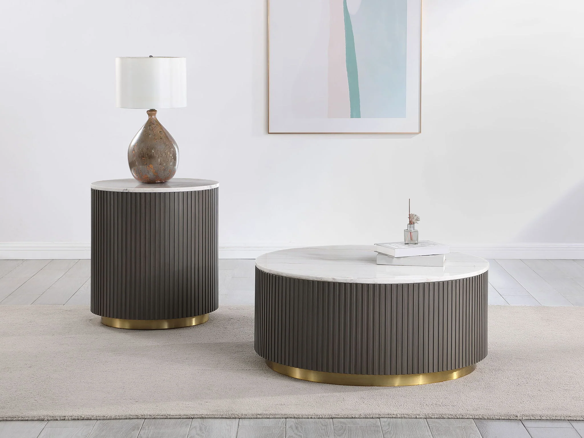 Jason 2-piece Round White Marble Coffee Table Set Charcoal