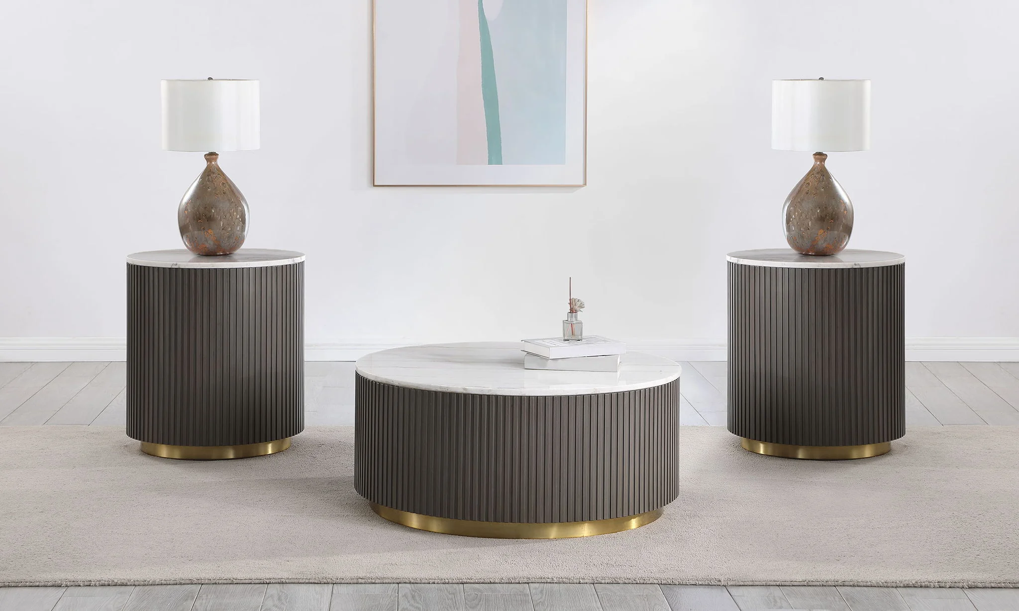 Jason 3-piece Round White Marble Coffee Table Set Charcoal