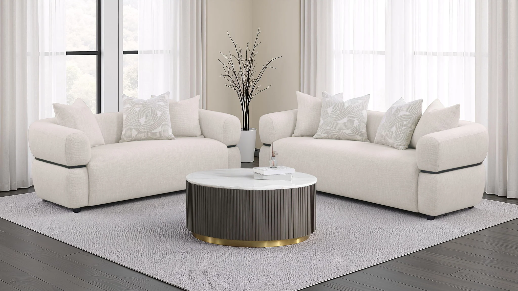 Jeanette 2-piece Fabric Upholstered Round Arm Sofa Set Beige