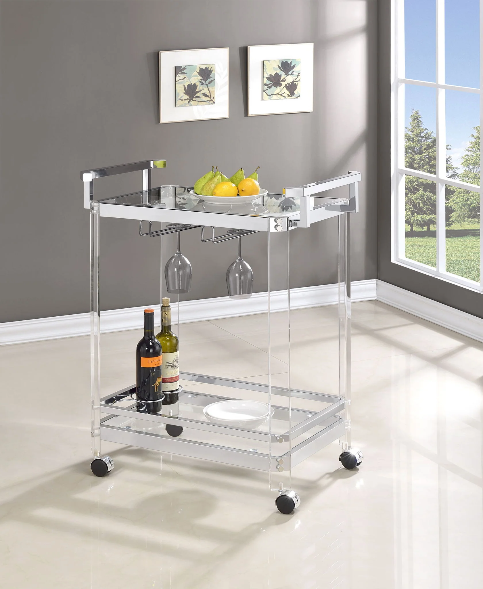 Jefferson 2-tier Glass Shelf Acrylic Bar Cart Chrome - Image 4