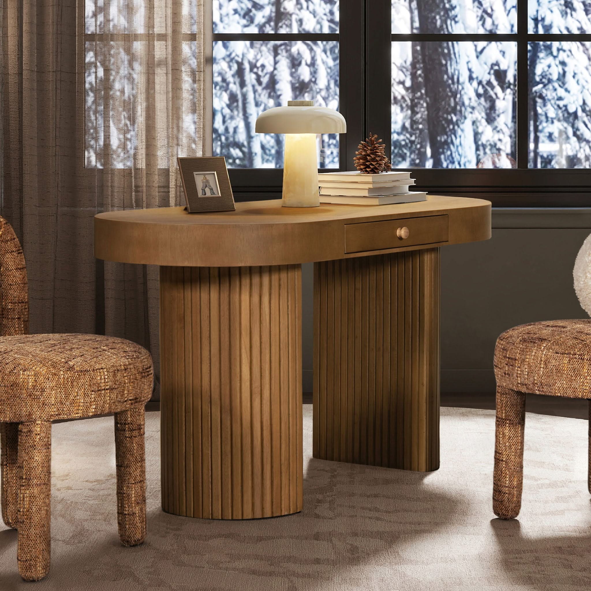 Jesse - Single Drawer Fluted Oval Console Desk - Honey Brown - Image 2