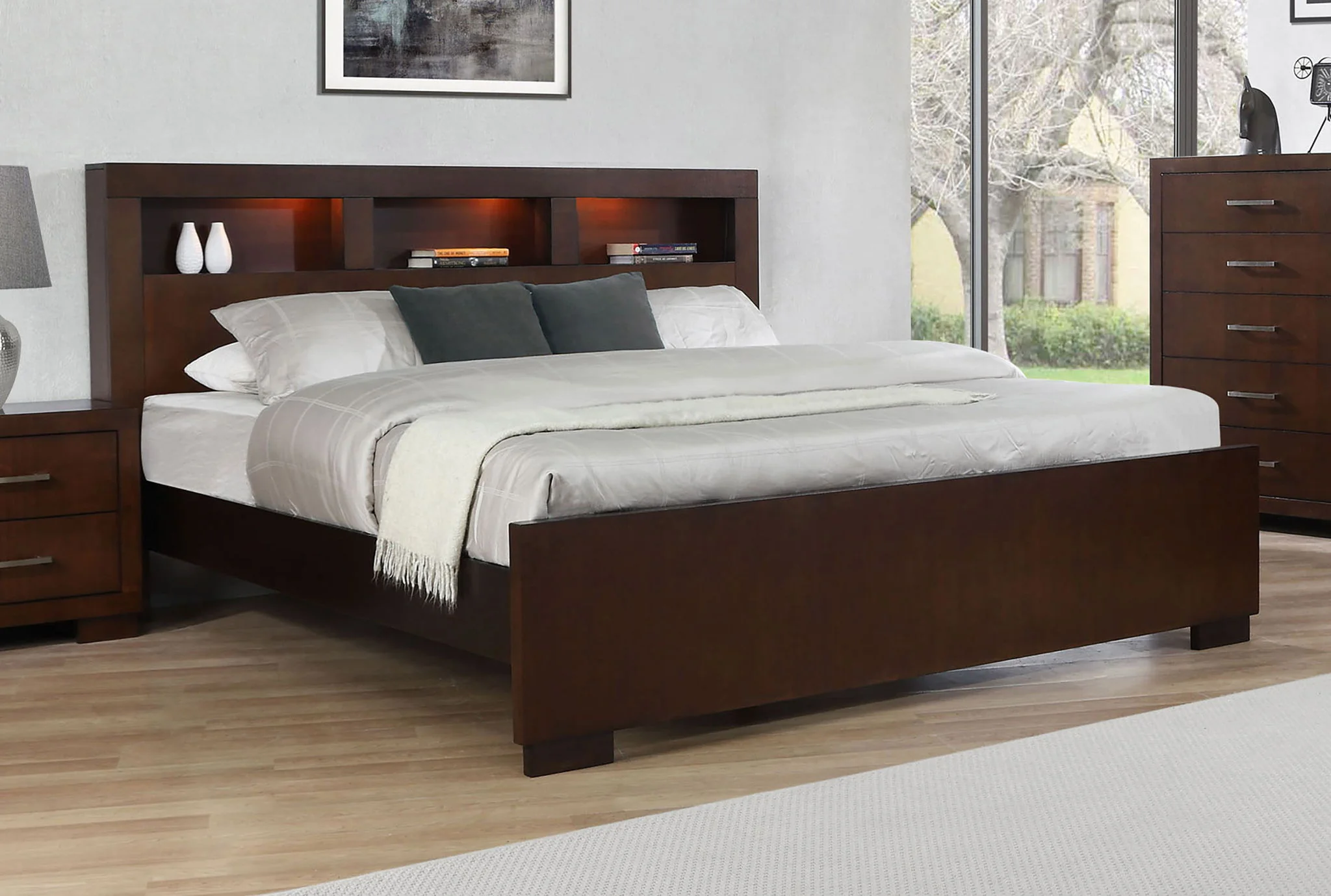 Jessica Eastern King LED Storage Bookcase Bed Cappuccino - Image 3