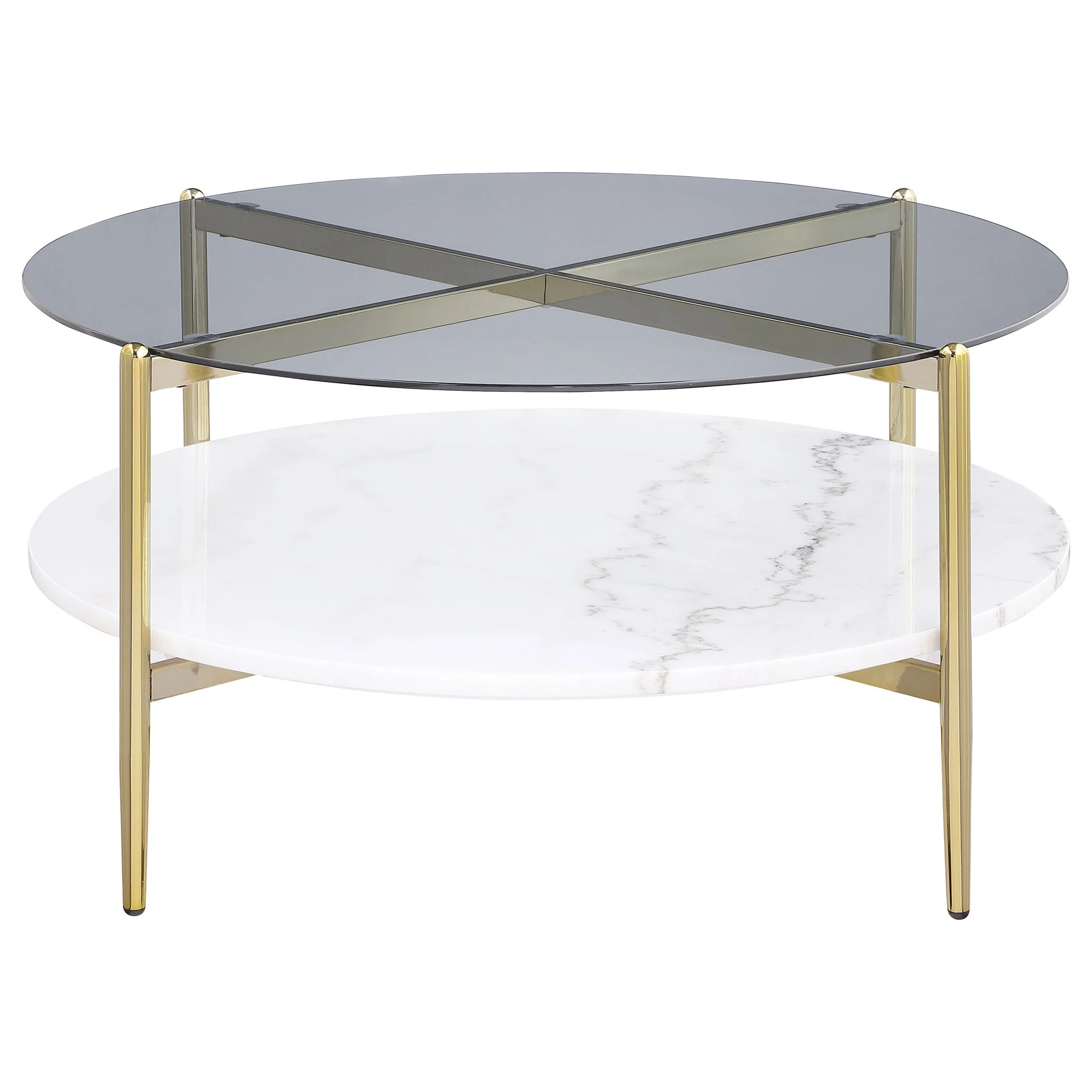 Jonelle Round Glass Top Coffee Table White Marble Shelf Gold - Image 3