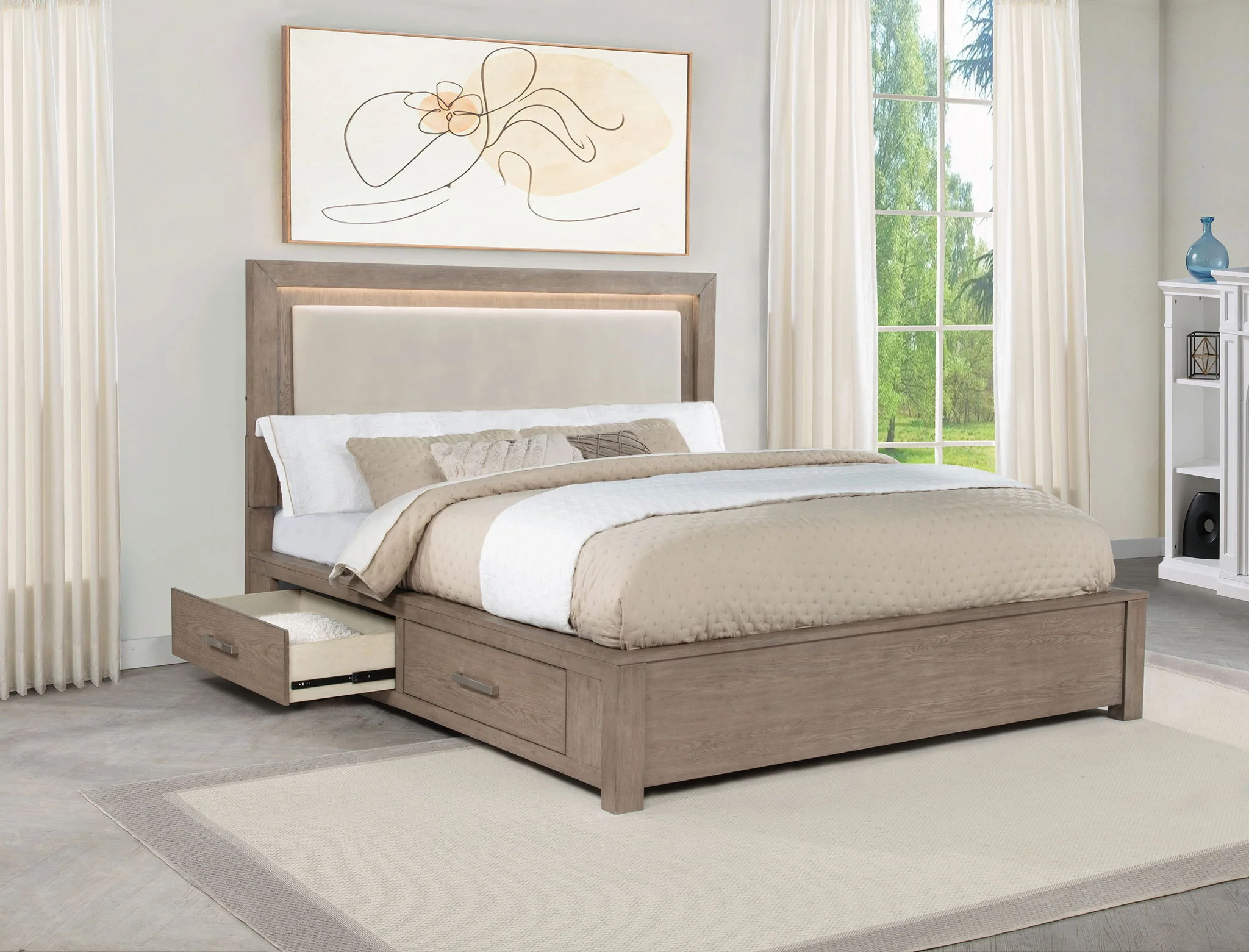 Kenora 56-inch Eastern King LED Storage Bed Barley Brown - Image 4