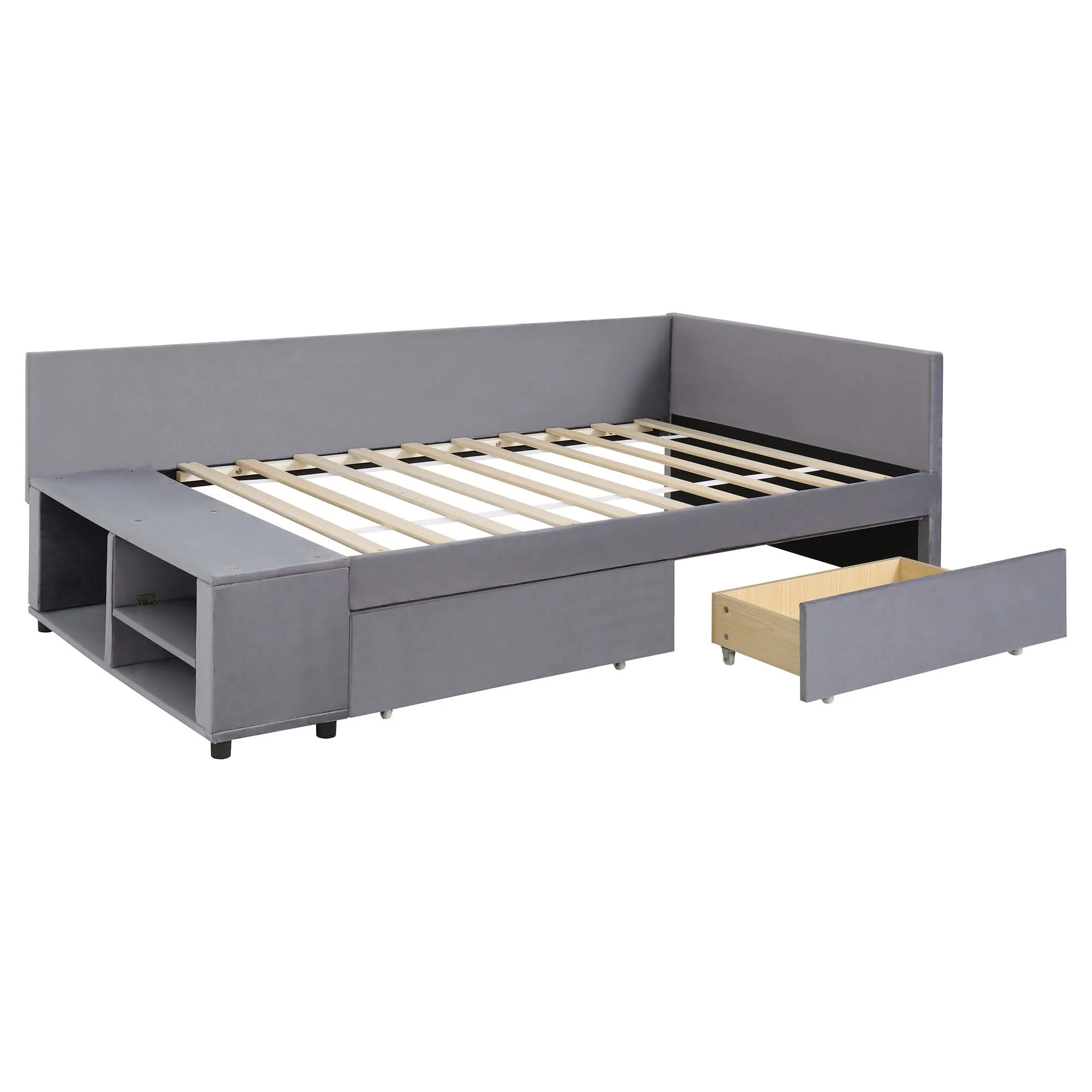 L Shaped Upholstered Platform Bed With Storage And Drawers - Image 2