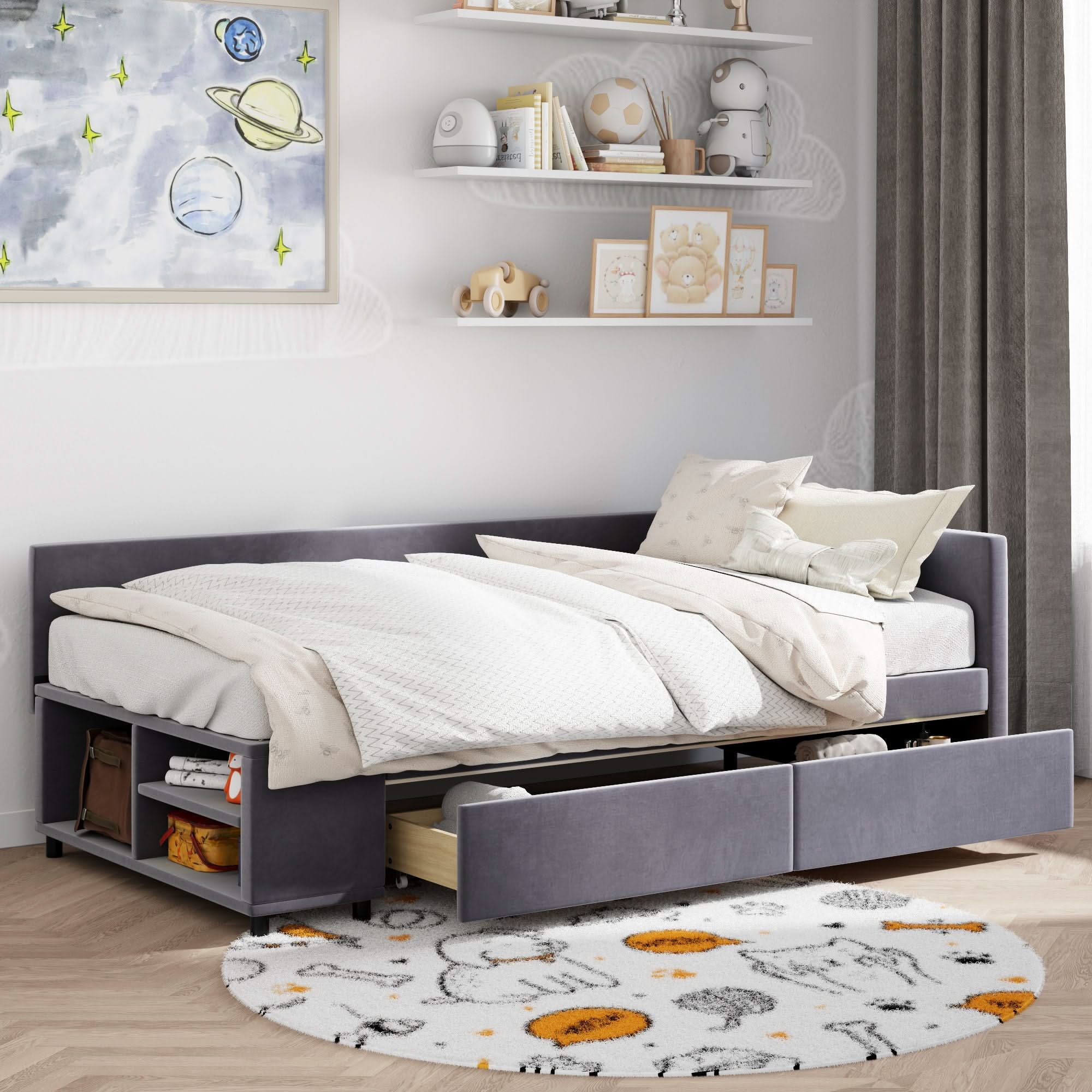 L Shaped Upholstered Platform Bed With Storage And Drawers - Image 5
