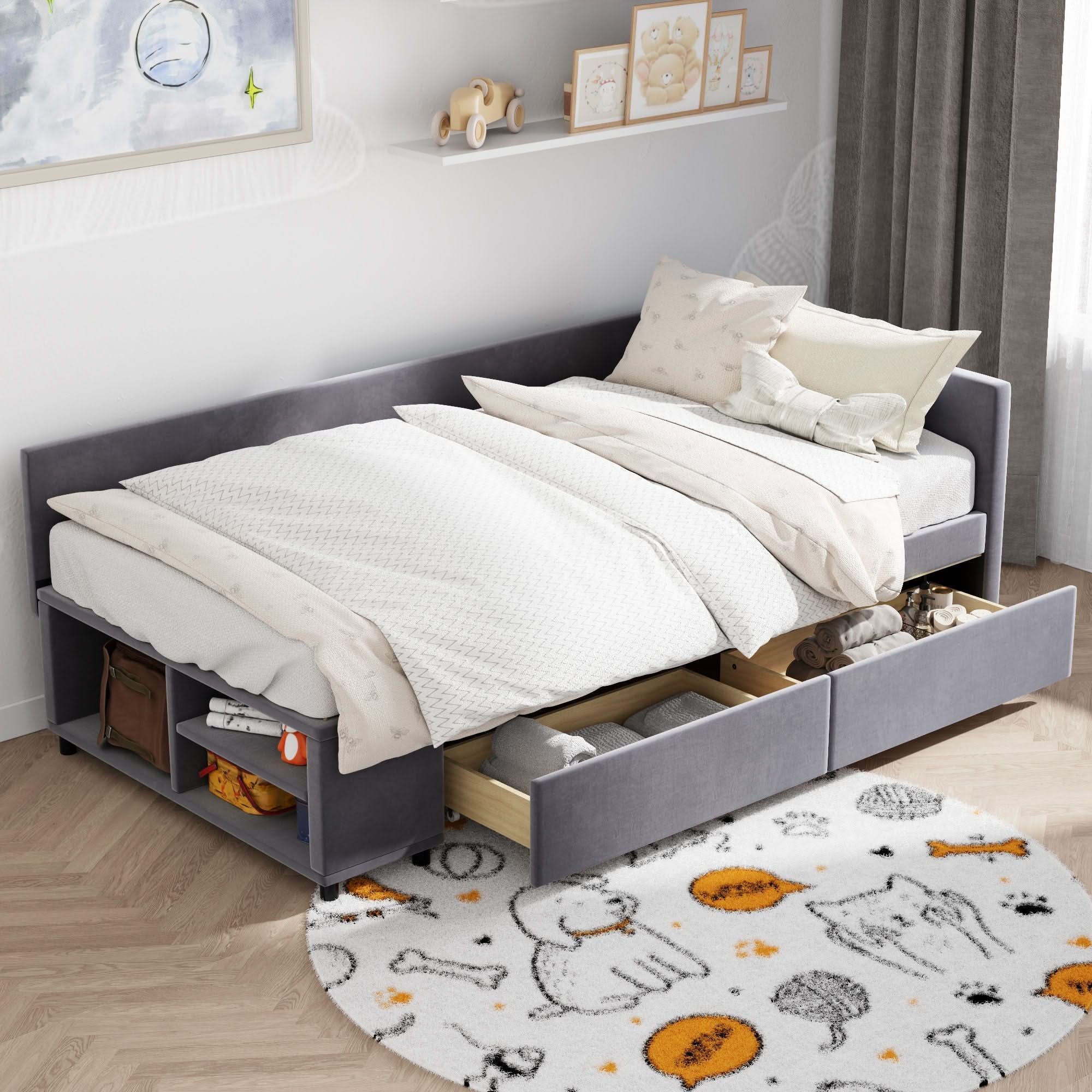 L Shaped Upholstered Platform Bed With Storage And Drawers - Image 6