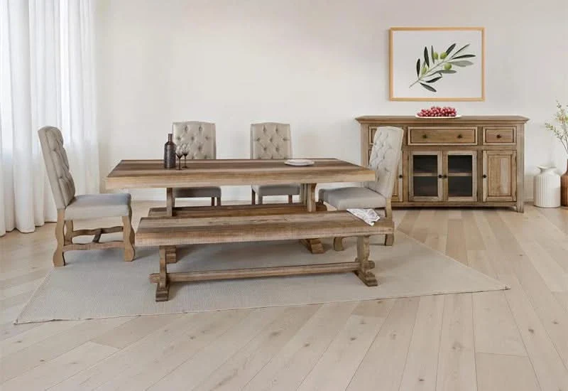 La Grange Weathered Wood Dining Bench with Farmhouse Trestle Base - Image 4