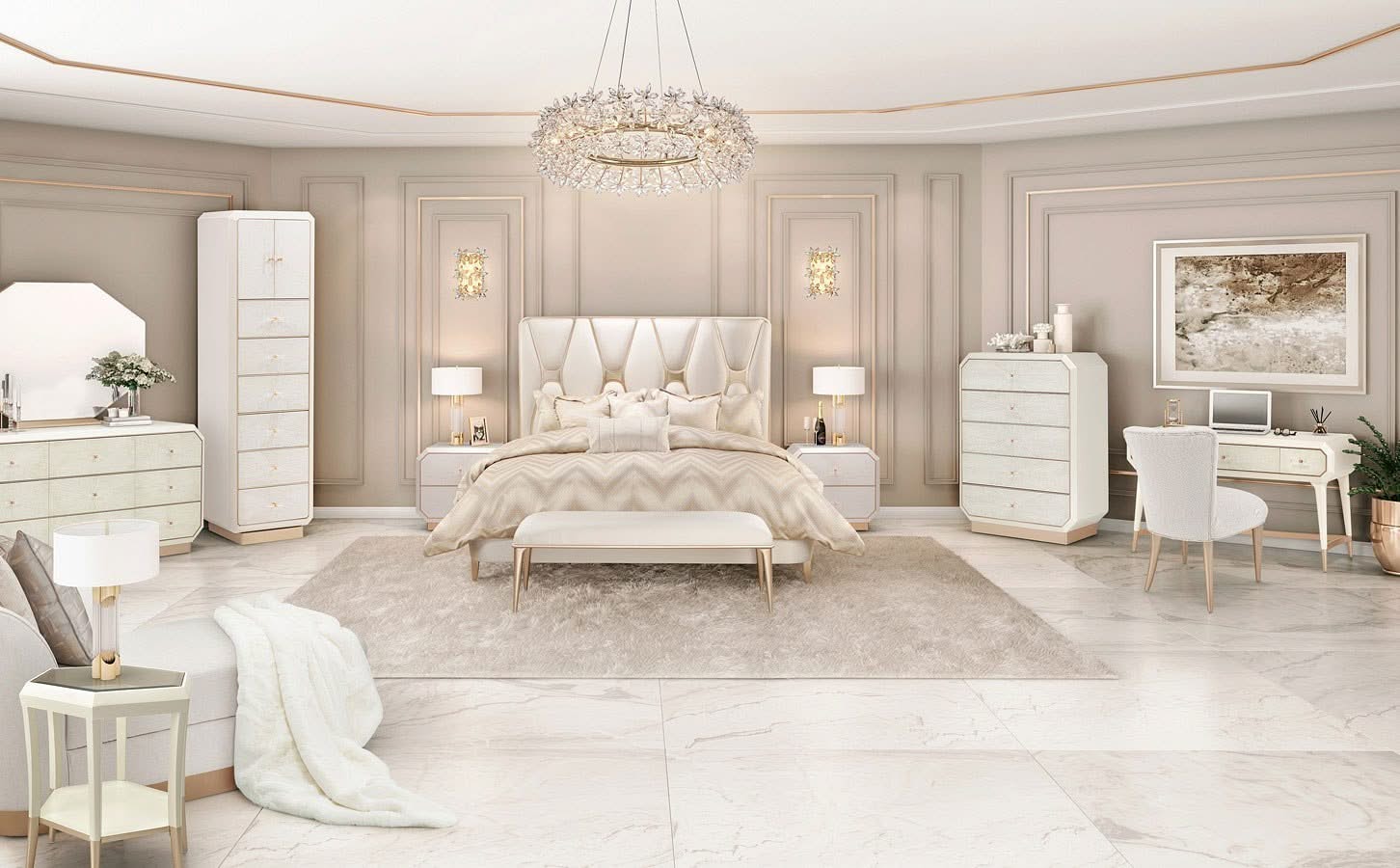 La Rachelle Champagne Modern Glam 5-Piece Bedroom Set with Upholstered Panel Bed, Dresser & Mirror - Image 4