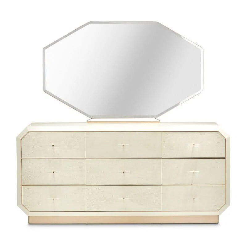 La Rachelle Champagne Modern Glam 5-Piece Bedroom Set with Upholstered Panel Bed, Dresser & Mirror - Image 5