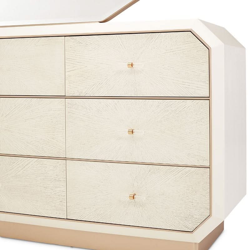 La Rachelle Champagne Modern Glam 5-Piece Bedroom Set with Upholstered Panel Bed, Dresser & Mirror - Image 8