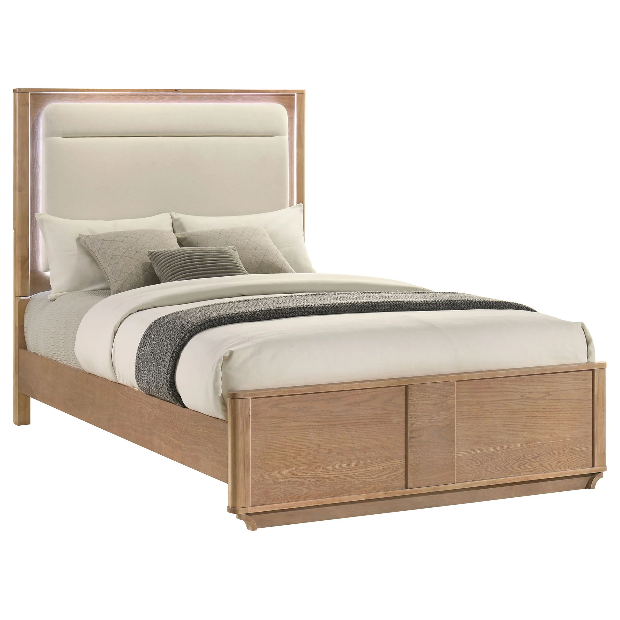 Leanne Queen LED Panel Bed Off White and Light Oak - Image 3