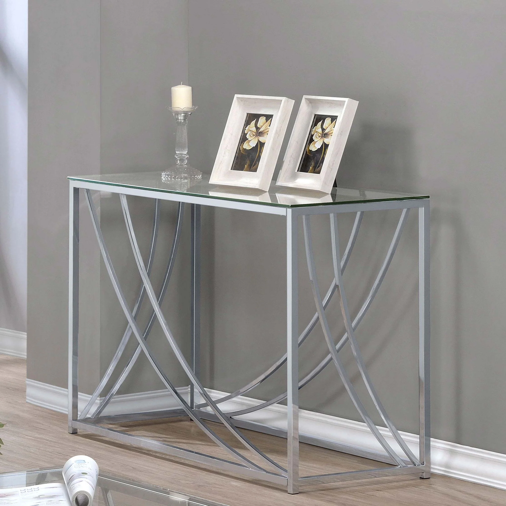 Lille Glass Top Entryway Console Table Accents Chrome - Image 2