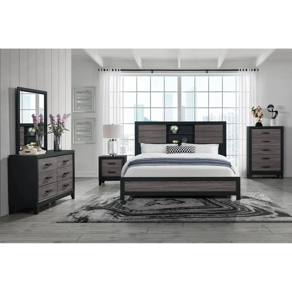 Lisbon Black/Gray Modern 5 Piece Bedroom Set with Dresser & Mirror
