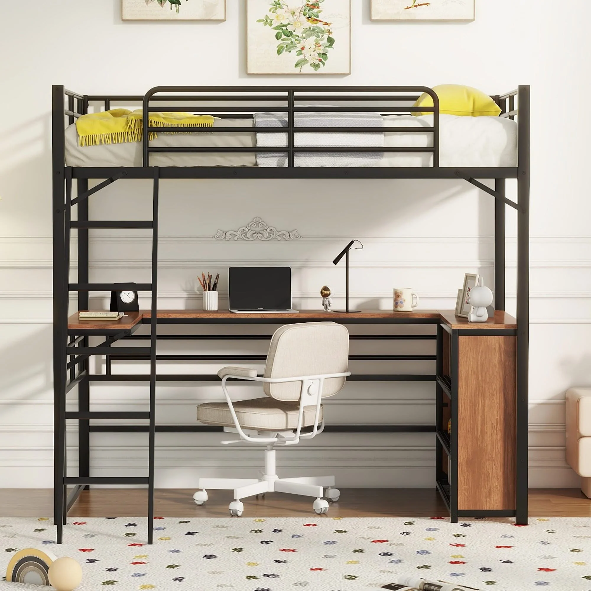 Loft Bed & 3 Layers Of Shelves And L-Shaped Desk - Image 4