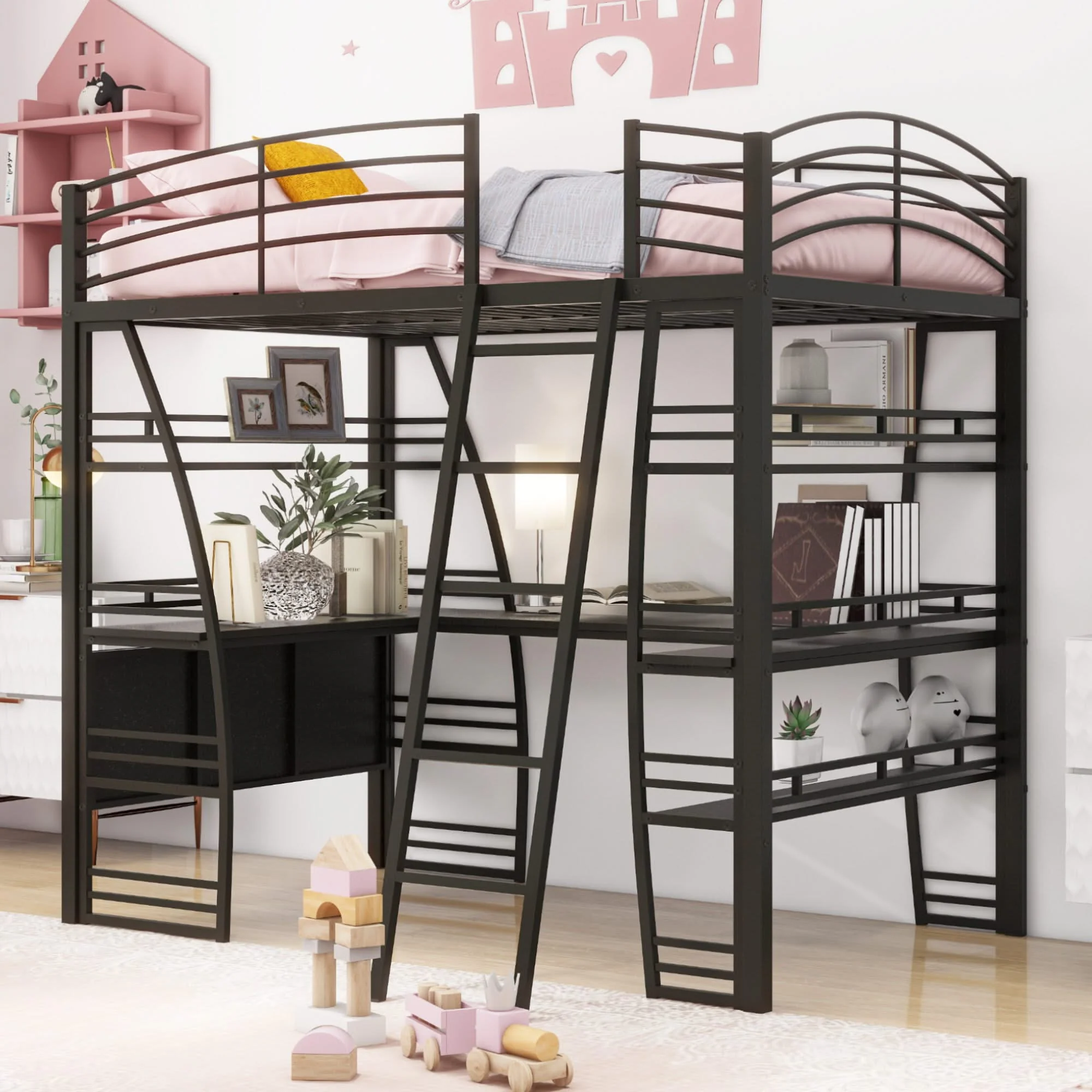 Loft Bed With 4 Layers Of Shelves And L-Shaped Desk, Stylish Metal Frame Bed With A Set Of Sockets, USB Ports And And Wireless Charging - Image 2