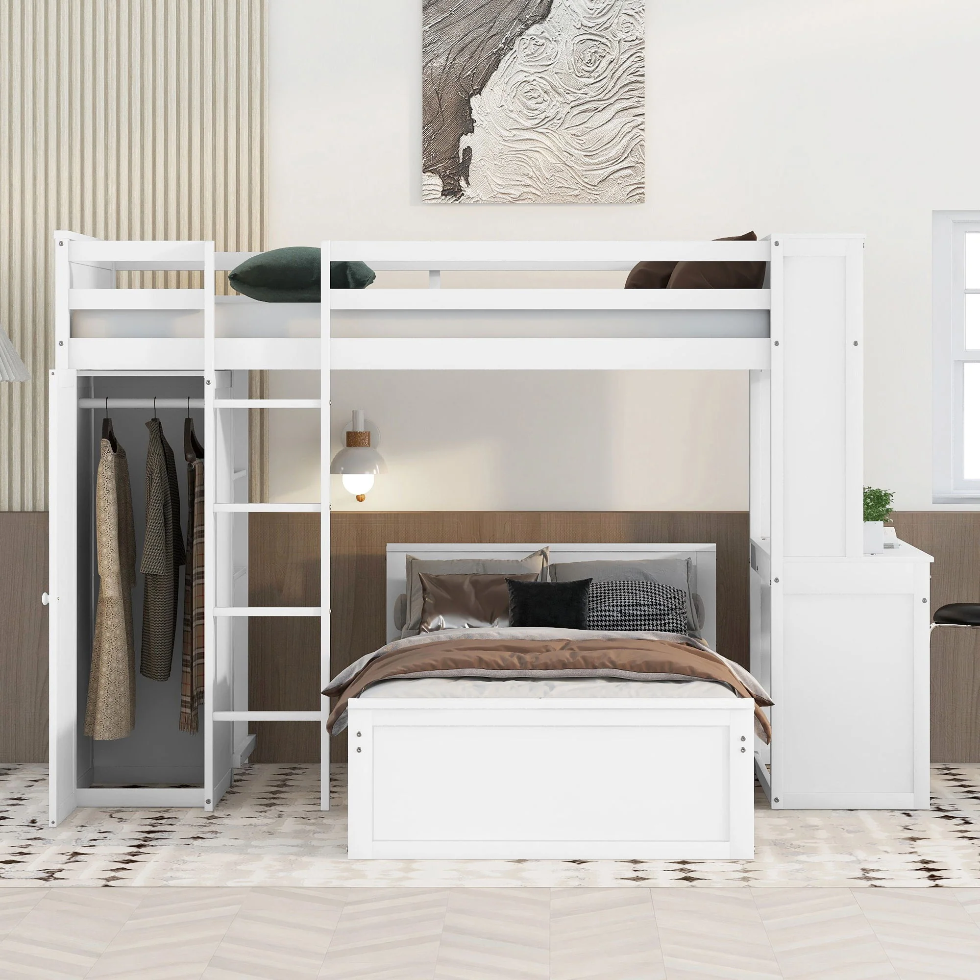 Loft Bed With A Stand Alone Bed, Shelves, Desk, And Wardrobe - Image 5