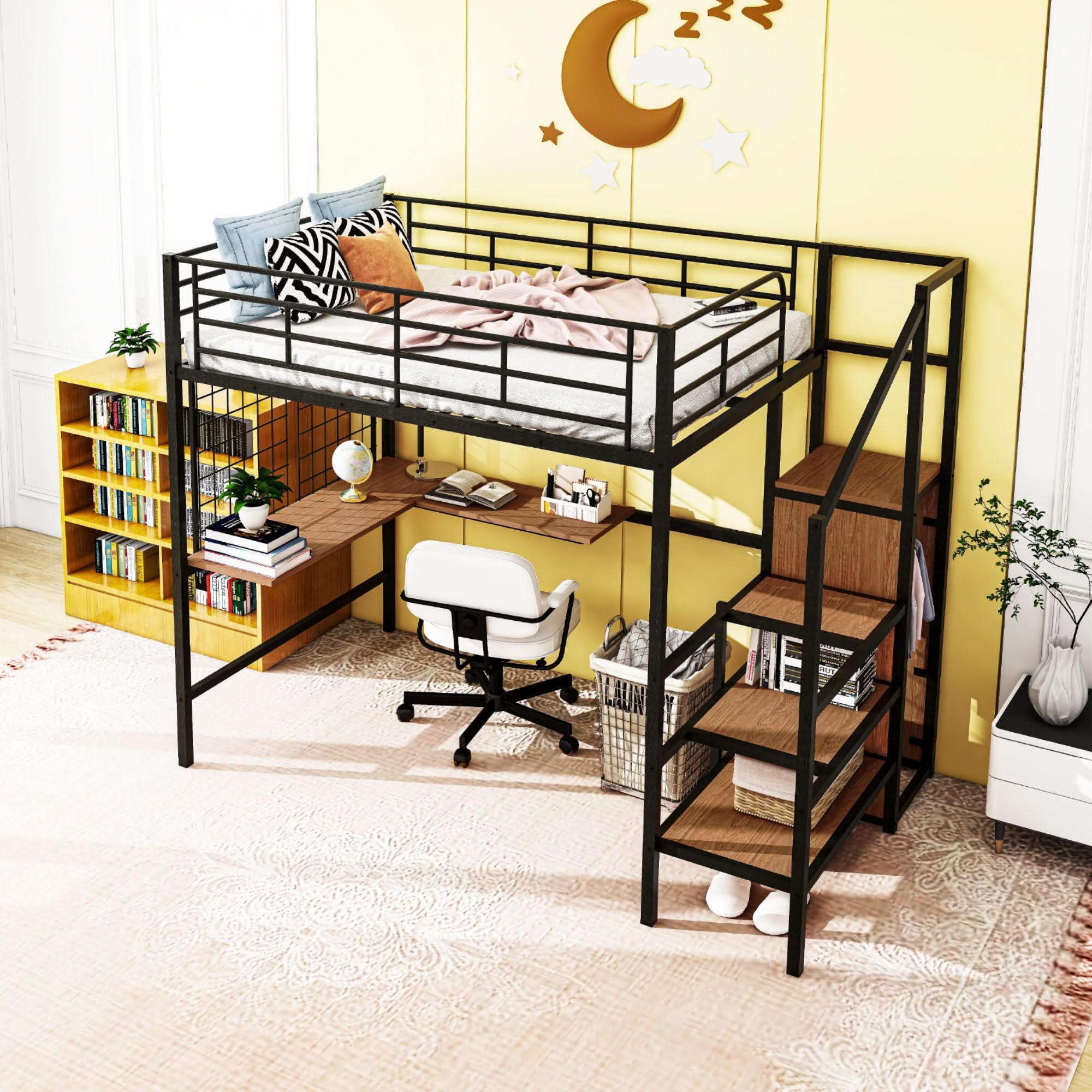 Loft Bed With Desk And Grid, Stylish Frame With Lateral Storage Ladder And Wardrobe - Image 10