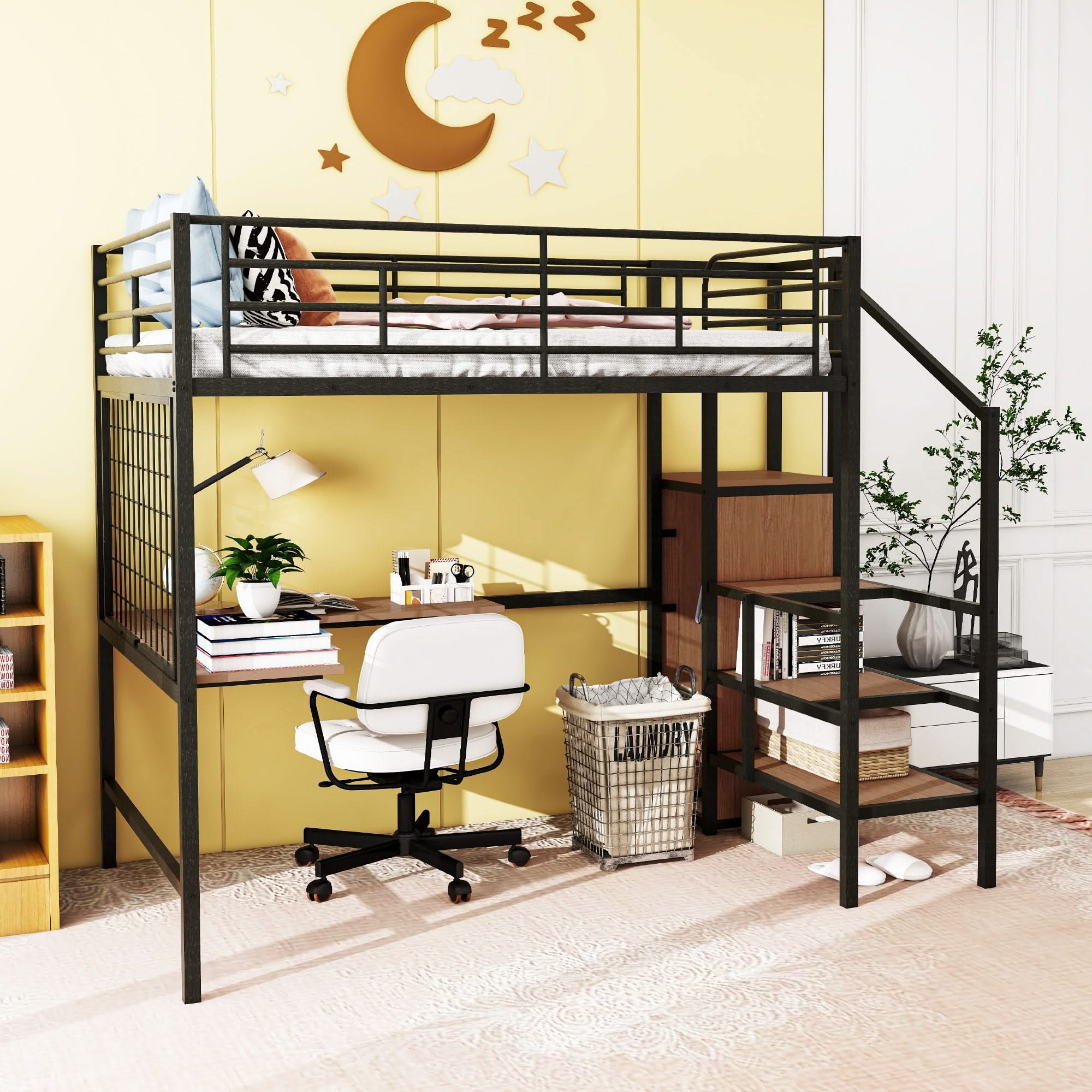 Loft Bed With Desk And Grid, Stylish Frame With Lateral Storage Ladder And Wardrobe - Image 2