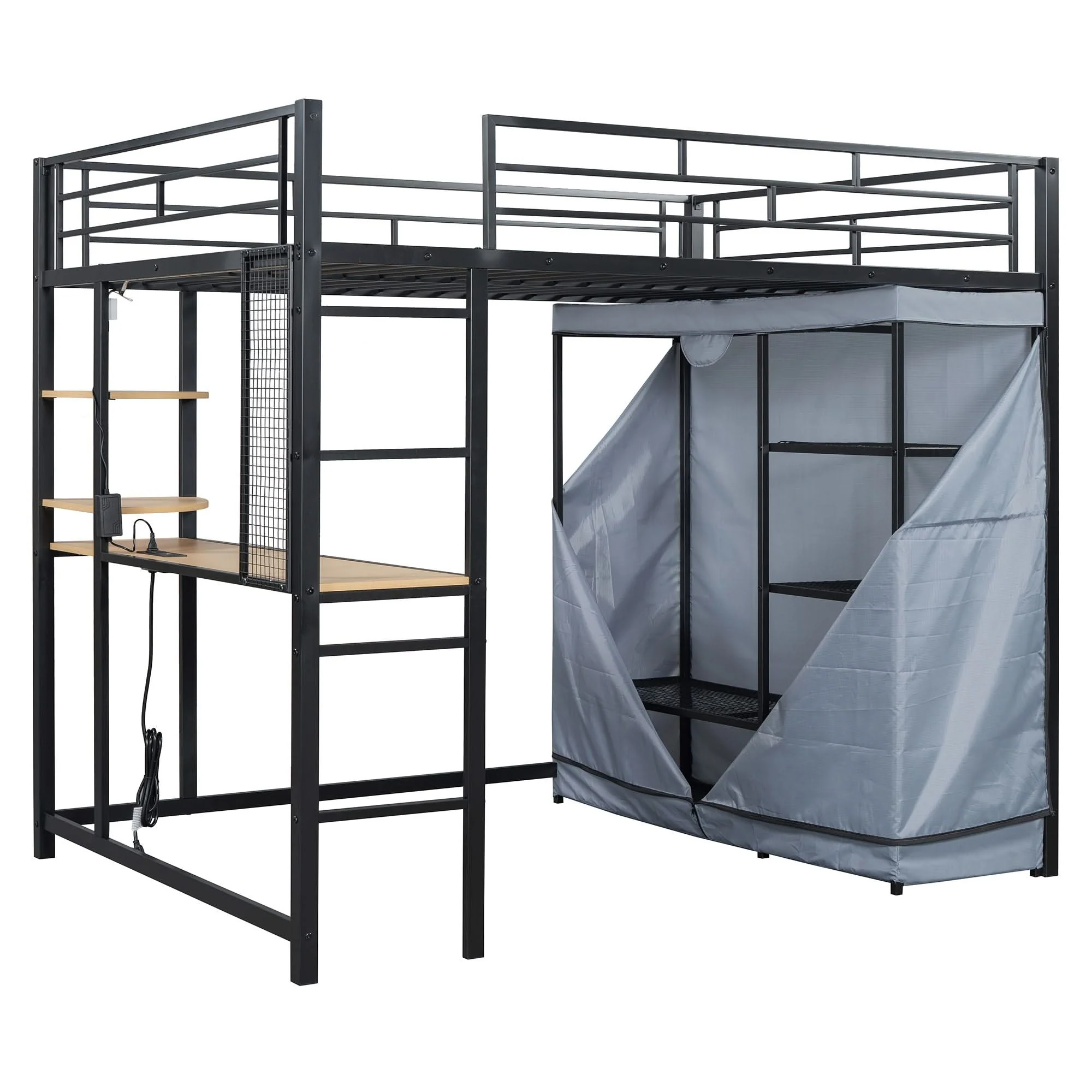 Loft Bed With Desk, Shelves, Power Outlet, LED Light And Wardrobe - Image 10