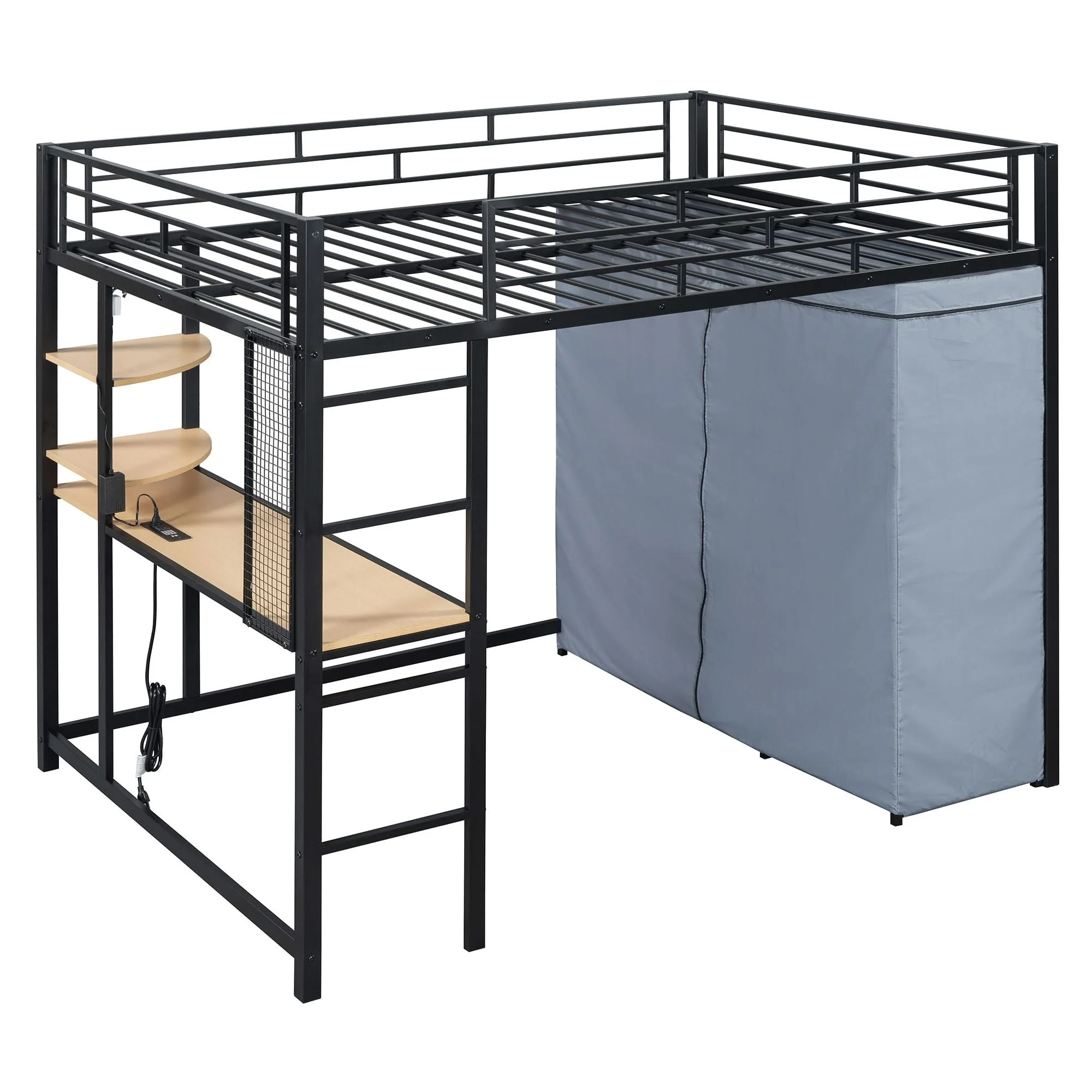 Loft Bed With Desk, Shelves, Power Outlet, LED Light And Wardrobe - Image 11