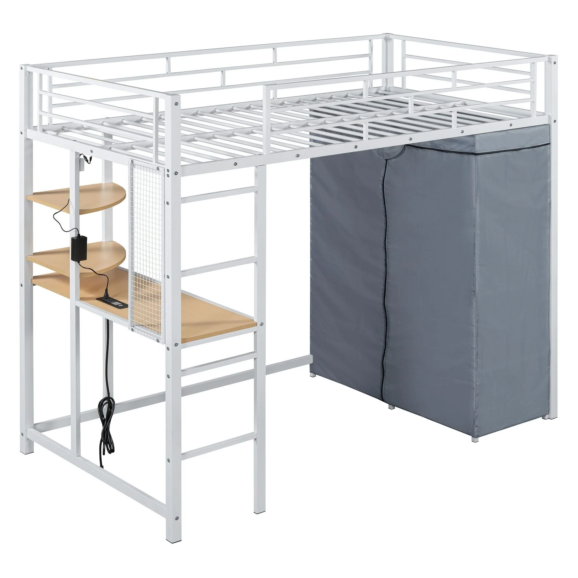 Loft Bed With Desk, Shelves, Power Outlet, LED Light And Wardrobe - Image 13