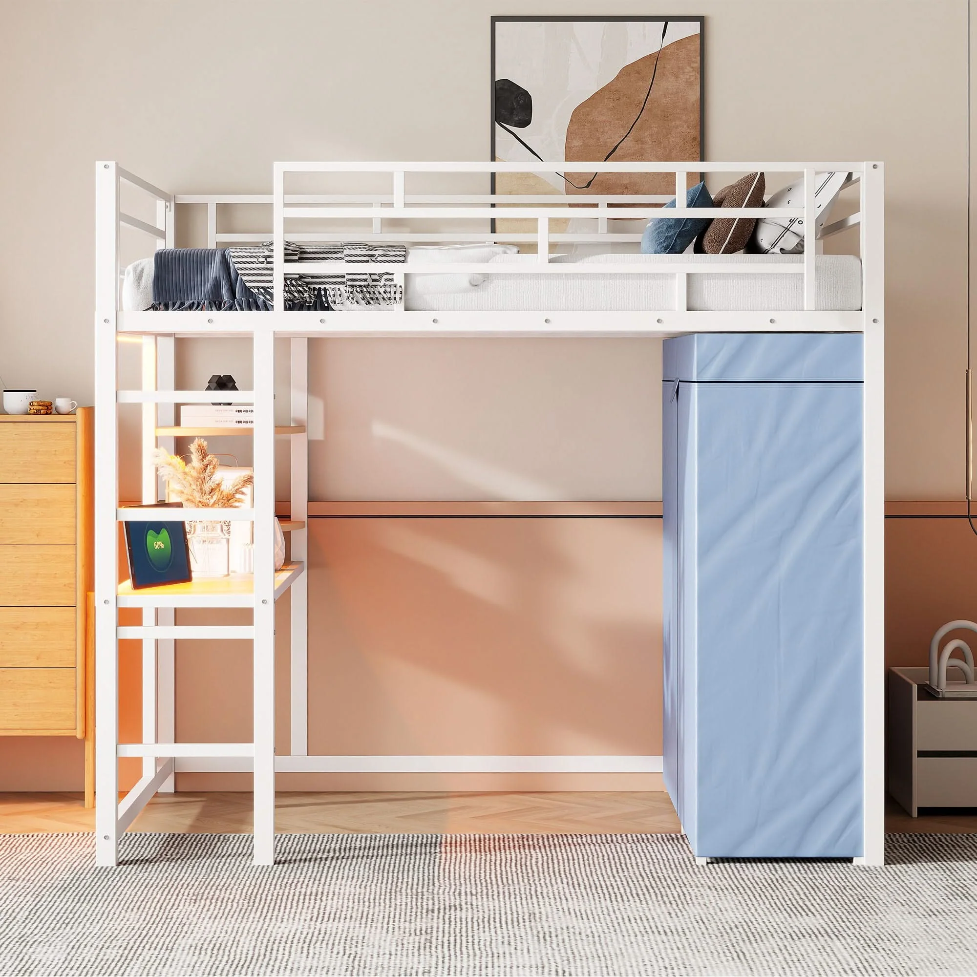 Loft Bed With Desk, Shelves, Power Outlet, LED Light And Wardrobe - Image 14
