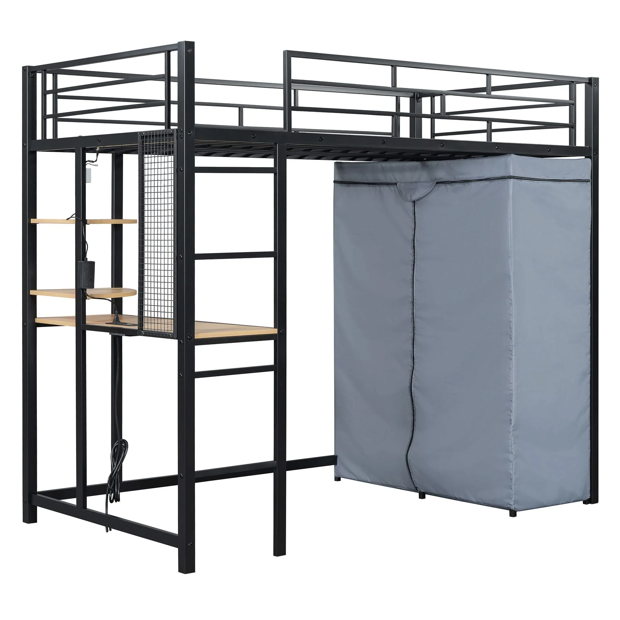 Loft Bed With Desk, Shelves, Power Outlet, LED Light And Wardrobe - Image 16