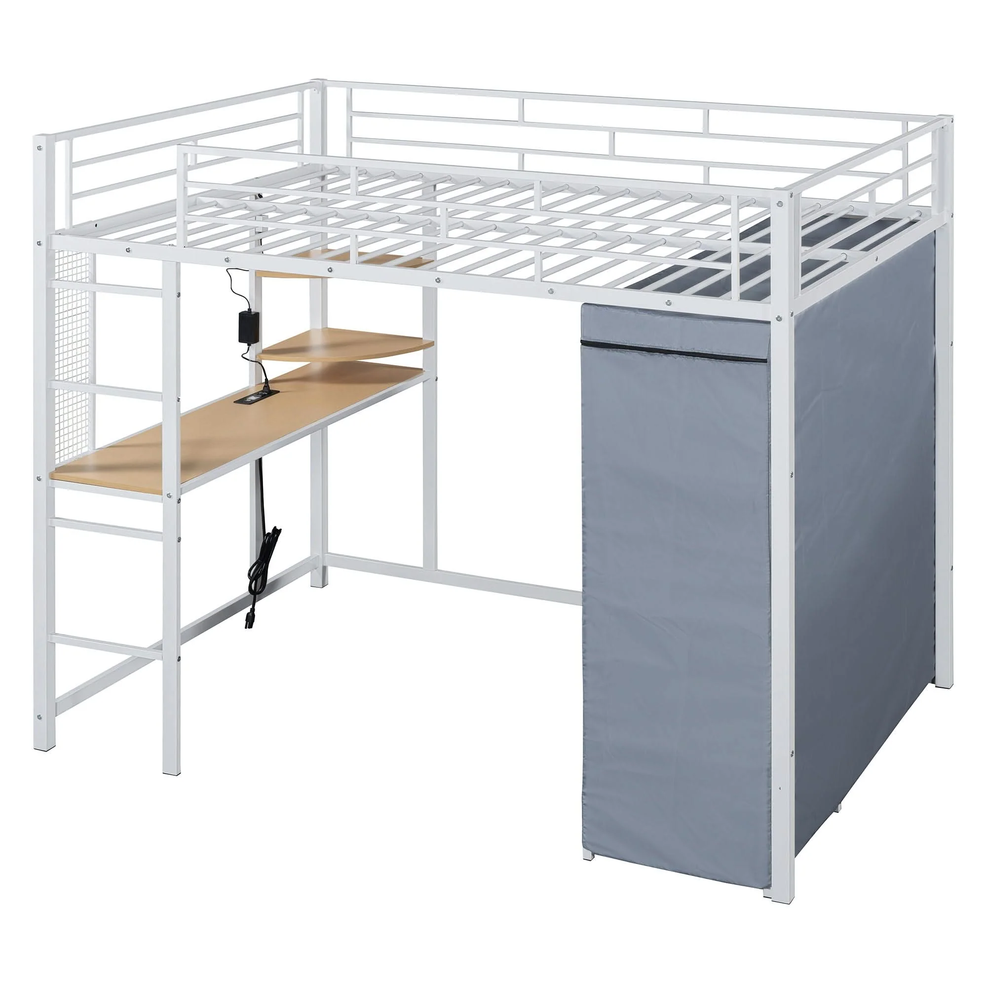 Loft Bed With Desk, Shelves, Power Outlet, LED Light And Wardrobe - Image 6