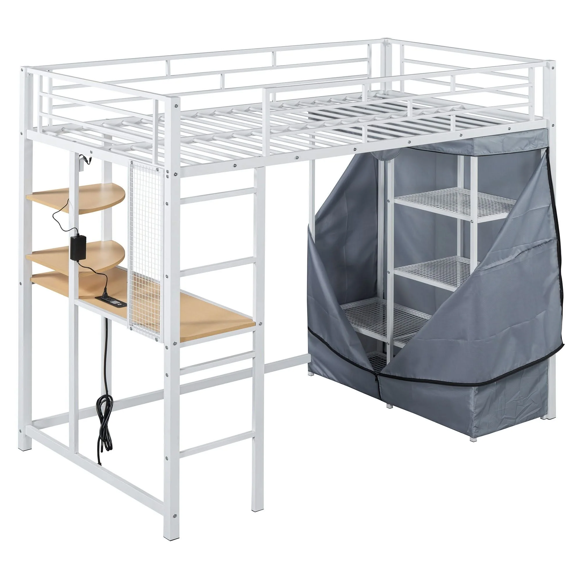 Loft Bed With Desk, Shelves, Power Outlet, LED Light And Wardrobe - Image 8