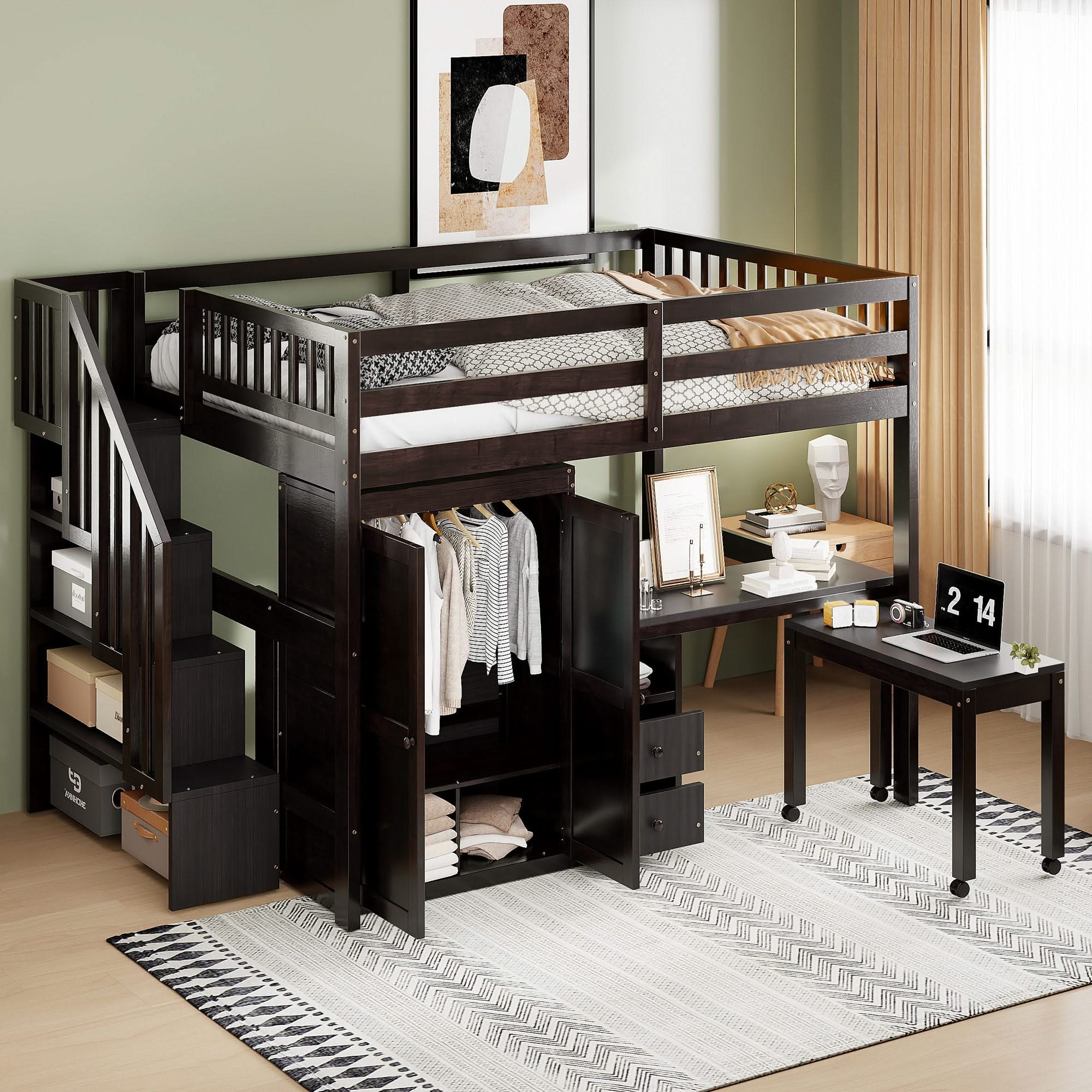 Loft Bed With Stairs, Bookshelf, Drawers, Desk & Wardrobe, Space Saving Multifunctional Furniture - Image 10