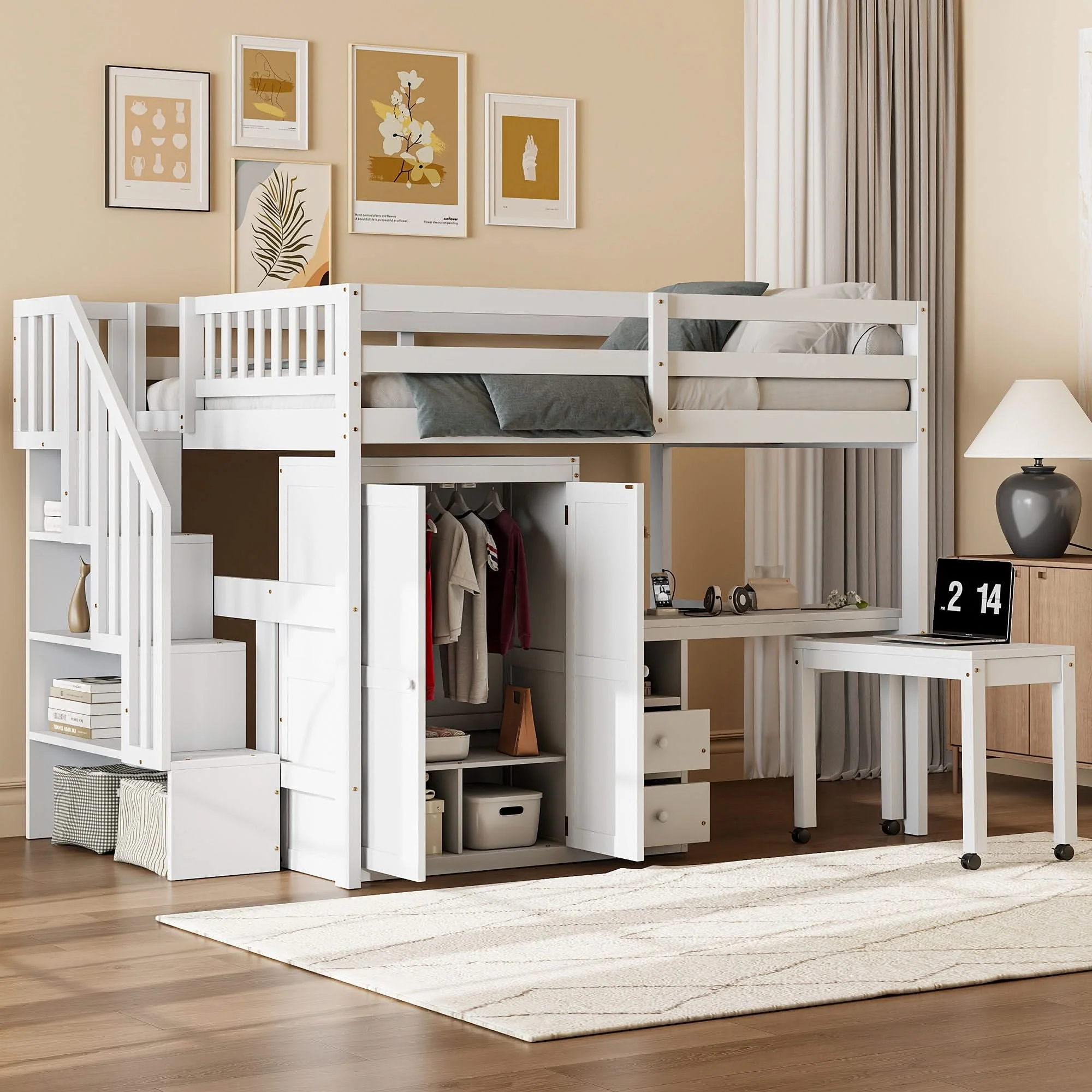Loft Bed With Stairs, Bookshelf, Drawers, Desk & Wardrobe, Space Saving Multifunctional Furniture - Image 2