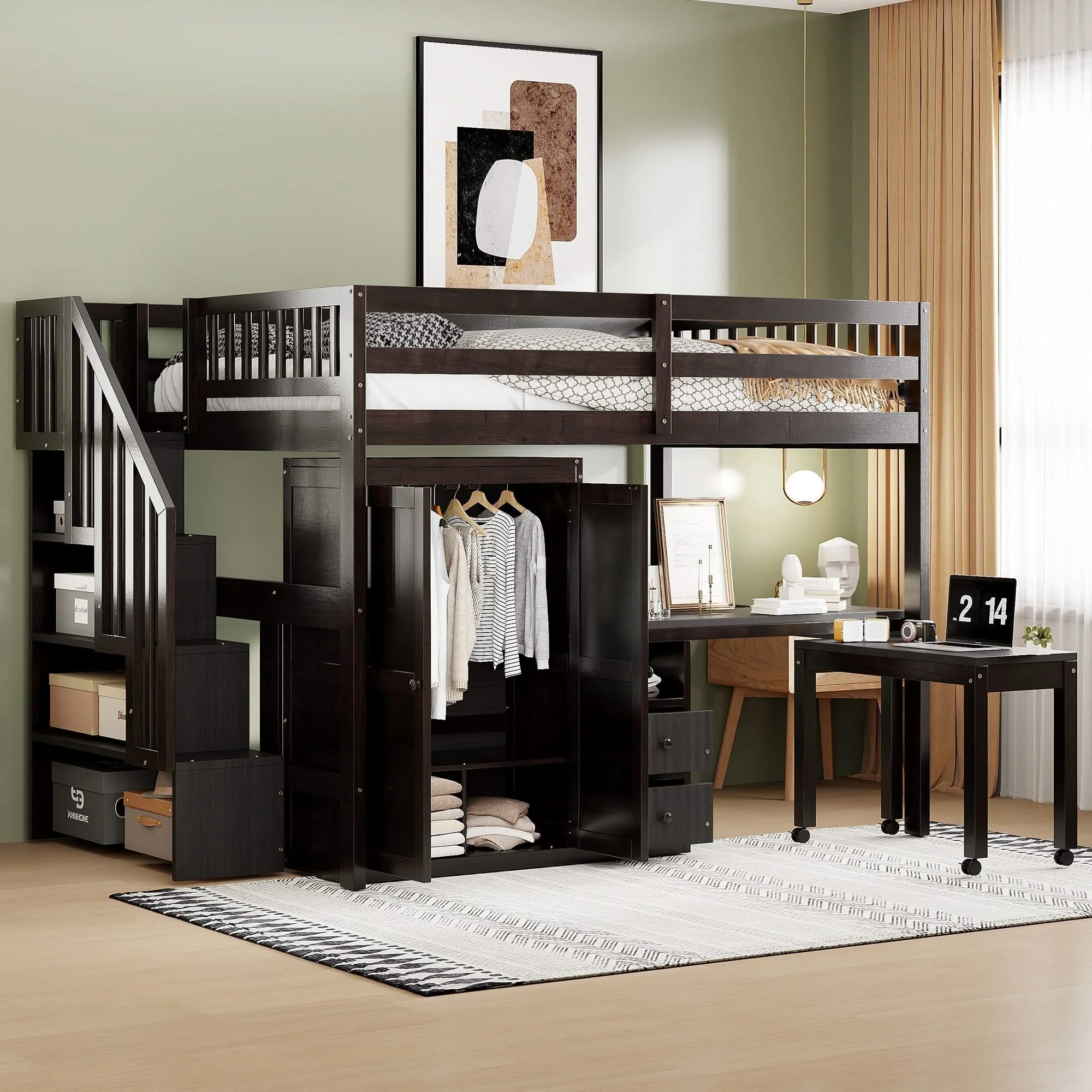 Loft Bed With Stairs, Bookshelf, Drawers, Desk & Wardrobe, Space Saving Multifunctional Furniture - Image 3