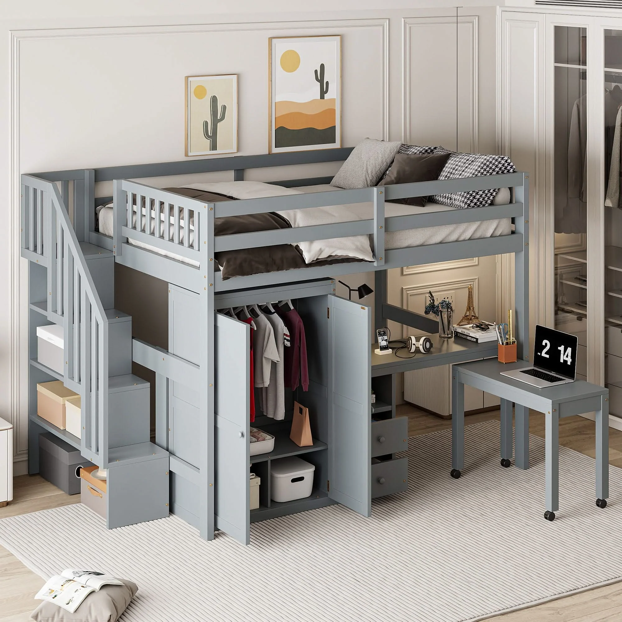 Loft Bed With Stairs, Bookshelf, Drawers, Desk & Wardrobe, Space Saving Multifunctional Furniture - Image 4