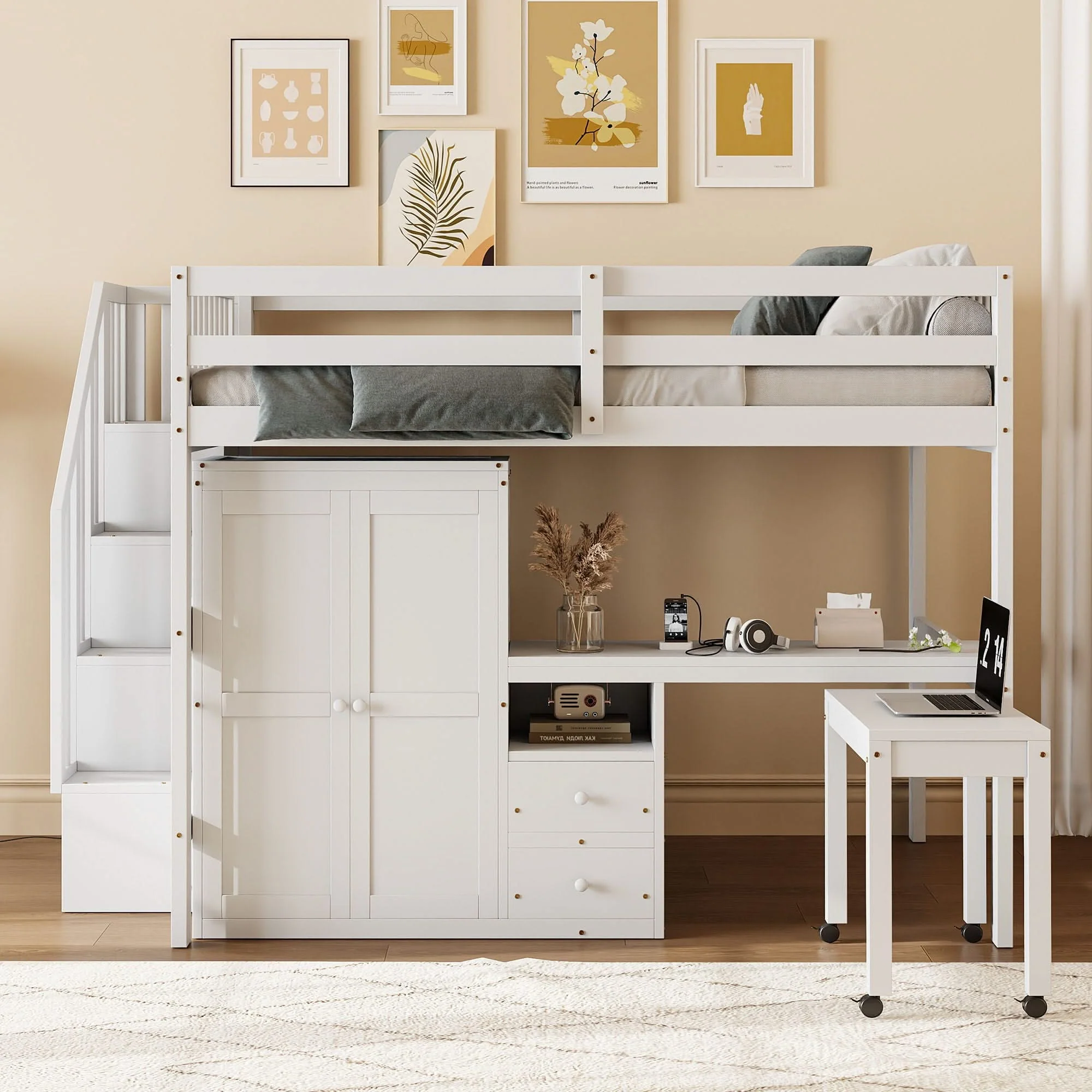 Loft Bed With Stairs, Bookshelf, Drawers, Desk & Wardrobe, Space Saving Multifunctional Furniture - Image 6